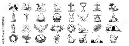 easter and resurrection symbols like jesus, cross, lamb, egg, dove, bunny and tomb vector hand drawn doodle ink sketch