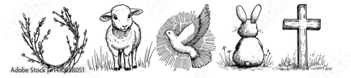 easter and christian symbols with wreath, lamb, dove, bunny and cross vector hand drawn doodle ink sketch