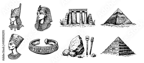 ancient egyptian drawings with pyramids, queens, jewelry and monuments vector hand drawn doodle ink sketch