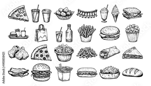 fast food and snacks collection with burgers, fries, pizza, soda, chicken and desserts vector hand drawn doodle ink sketch