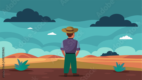 Standing amidst a barren field the farmers gaze drifts to the horizon where dark storm clouds gather threatening to wreak further havoc on his land.. Vector illustration