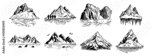 mountain landscapes and rocky peaks collection vector hand drawn doodle ink sketch