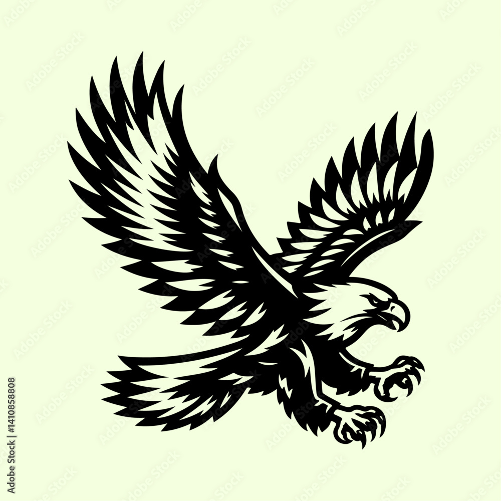 Bald black and white vector illustration of a fierce eagle in mid-flight with wings spread wide and talons extended, symbolizing strength, freedom, and power. Bald black and white vector illustration of a fierce eagle in mid-flight with wings spread wide and talons extended, symbolizing strength, freedom, and power.