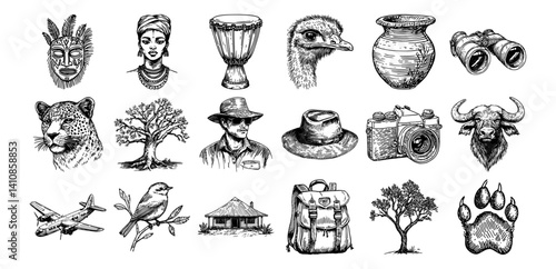 african safari and culture icons with tribal mask, wildlife, drum, explorer and backpack vector hand drawn doodle ink sketch