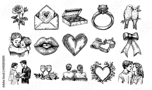 omantic love symbols with hearts, couple, rose, ring, kiss and champagne vector hand drawn doodle ink sketch
