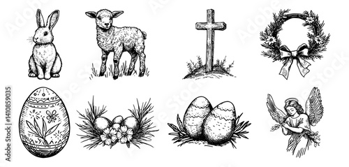 easter drawings of bunny, lamb, cross, eggs, wreath and angel vector hand drawn doodle ink sketch
