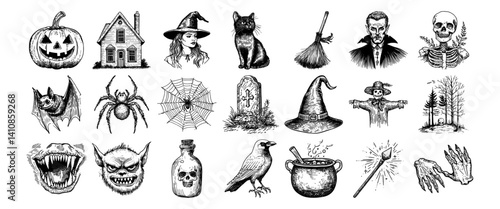 halloween drawings with witch, vampire, bat, spider, broom, black cat and cauldron vector hand drawn doodle ink sketch