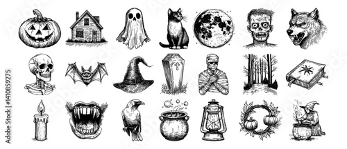 halloween illustrations with pumpkin, ghost, skull, vampire, witch hat, black cat and haunted house vector hand drawn doodle ink sketch