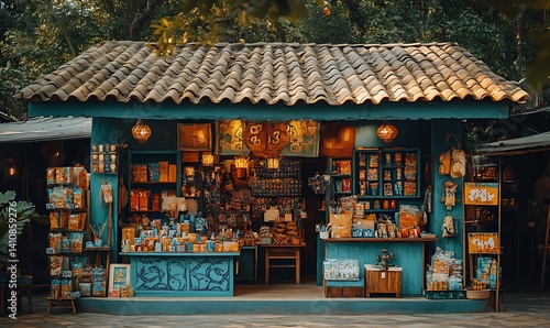 Teal Shop with Tile Roof and Warm Lighting Displays Goods