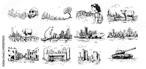 post-apocalyptic ink sketches of skull, ruined cities, girl, tank, animals and abandoned buildings