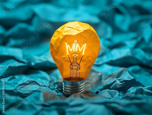 Illuminated Idea: Lightbulb Wrapped in Wrinkled Paper on Blue Textured Surface