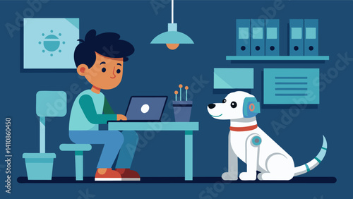 A quiet corner of the lab is occupied by a solitary child completely absorbed in the task of programming a robot dog to respond to various voice commands.. Vector illustration