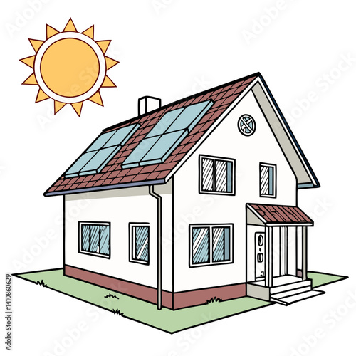 Sustainable Living Concept with Sun Powered House in Clean Vector Design