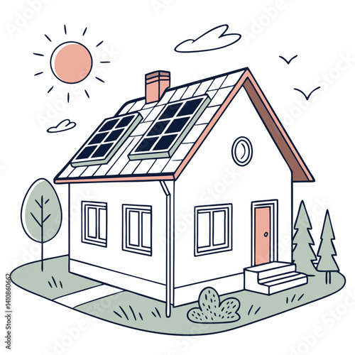 Sustainable Living Concept with Sun Powered House in Clean Vector Design