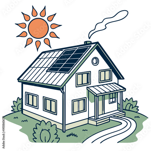 Eco-Friendly Solar House Design with Sun Energy Elements in Vector Style
