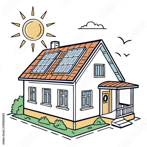 Eco-Friendly Solar House Design with Sun Energy Elements in Vector Style