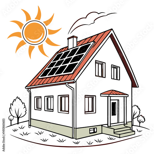 Eco-Friendly Solar House Design with Sun Energy Elements in Vector Style