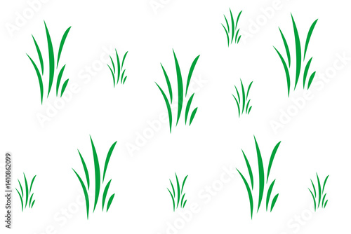 Green grass blades scattered across a white background in a simple design representing nature and growth