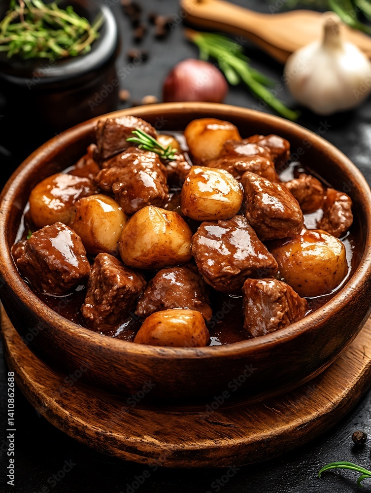 Hearty Beef Stew in Wooden Bowl Hearty Beef Stew in Wooden Bowl