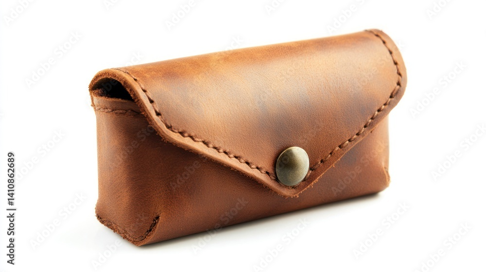 A stylish brown leather case with a button closure, isolated on a white background, perfect for luxury accessories or practical storage