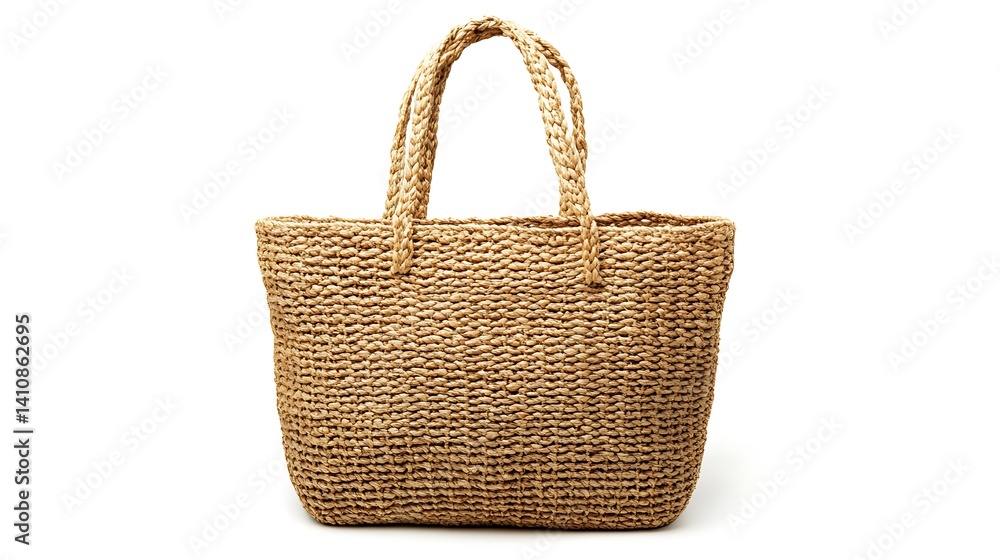 A stylish woven jute tote bag with a durable structure, isolated on a white background, perfect for sustainable shopping