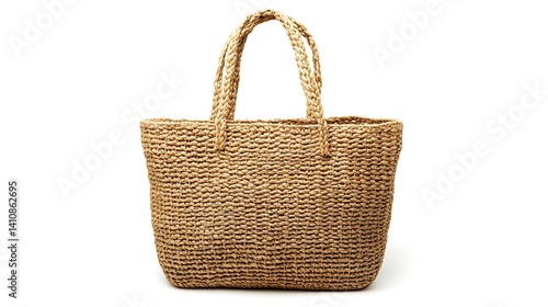 Obraz na płótnie A stylish woven jute tote bag with a durable structure, isolated on a white background, perfect for sustainable shopping w salonie