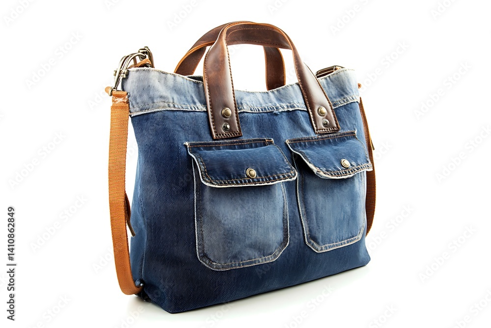 A stylish denim tote bag with pockets, isolated on a clean white background, perfect for casual or everyday use