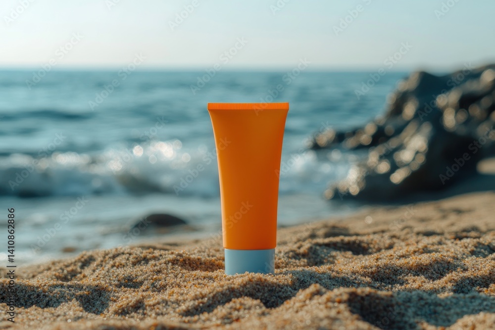 A sunscreen bottle in an orange cosmetic tube placed on a sandy beach with a sea background, symbolizing summer vacation and UV protection.