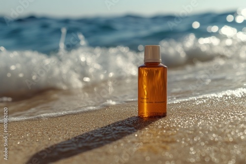 A sunscreen bottle placed on a sandy beach, with soft waves and sunshine in the background, perfect for a summer skincare ad.