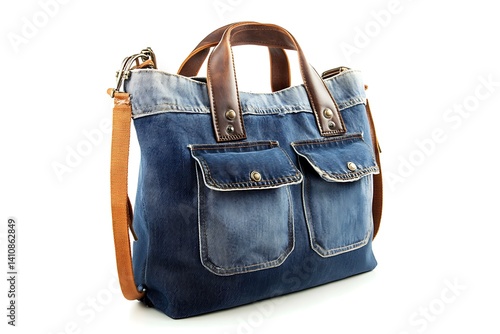 Obraz na płótnie A stylish denim tote bag with pockets, isolated on a clean white background, perfect for casual or everyday use w salonie