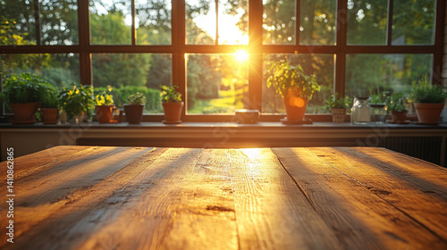 Wooden table in front of a window with sunset view. Perfect for product placement