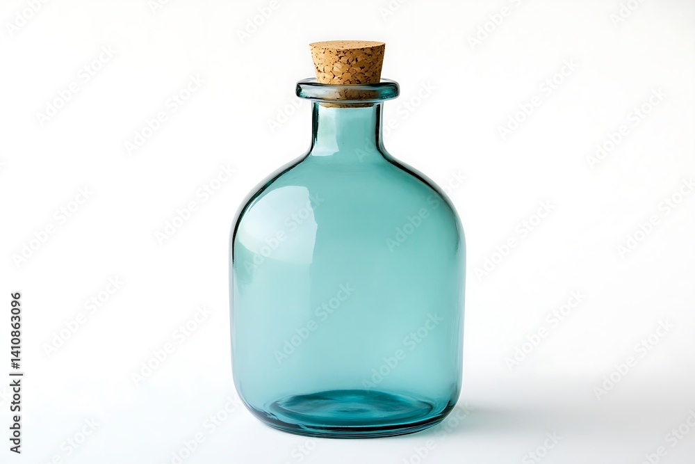 A teal glass bottle with a cork stopper, isolated on a white background, perfect for modern home decor.