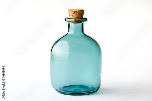 Obraz na płótnie A teal glass bottle with a cork stopper, isolated on a white background, perfect for modern home decor. w salonie