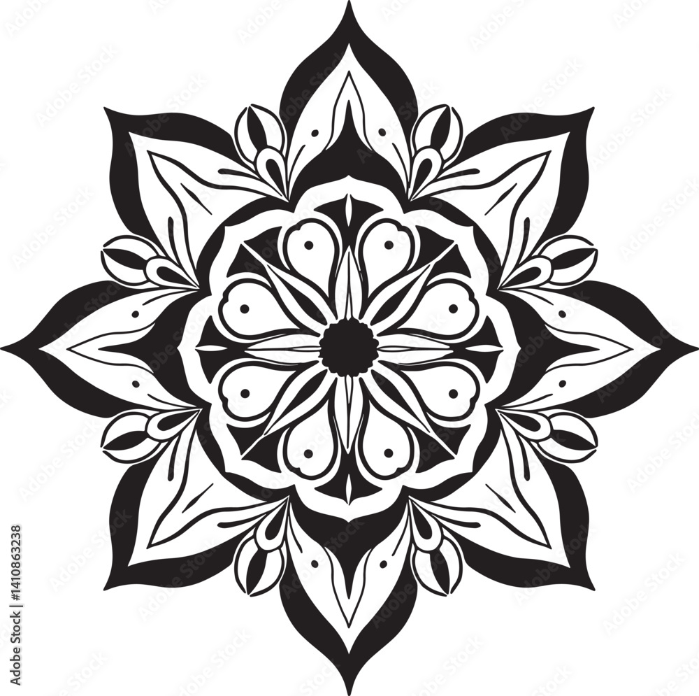 Fototapeta premium black and white floral ornament, Intricate Black and White Mandala Design for Coloring and Meditation Prints