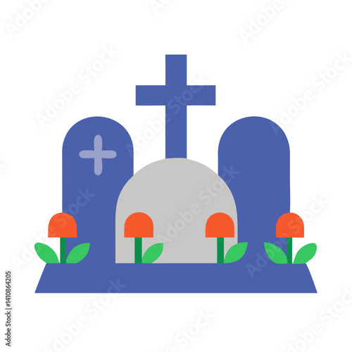 Grave with Flowers and Cross in Minimalist Style  
