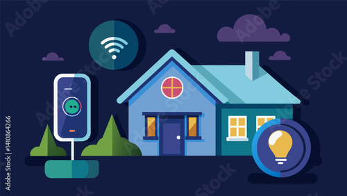 A thermostat that communicates with the homes lighting system to turn off lights when a room is unoccupied reducing unnecessary electricity usage.. Vector illustration