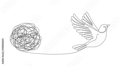 A tangled ball of threads untangling into a flying bird. Vector illustration in line art style