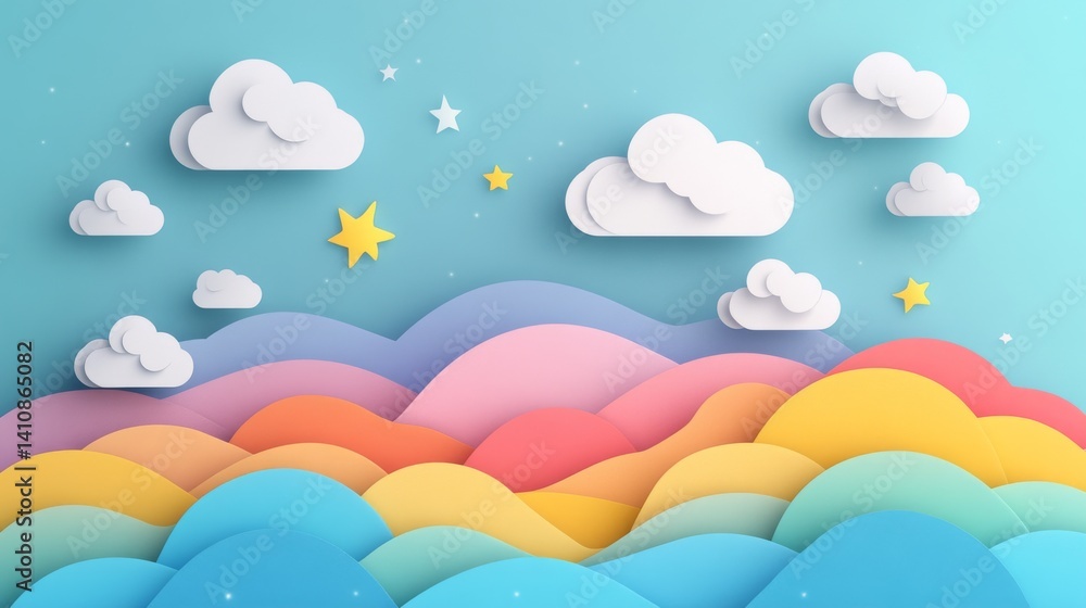 Dreamy Pastel Hills and Clouds: A Whimsical Paper Art Landscape Dreamy Pastel Hills and Clouds: A Whimsical Paper Art Landscape