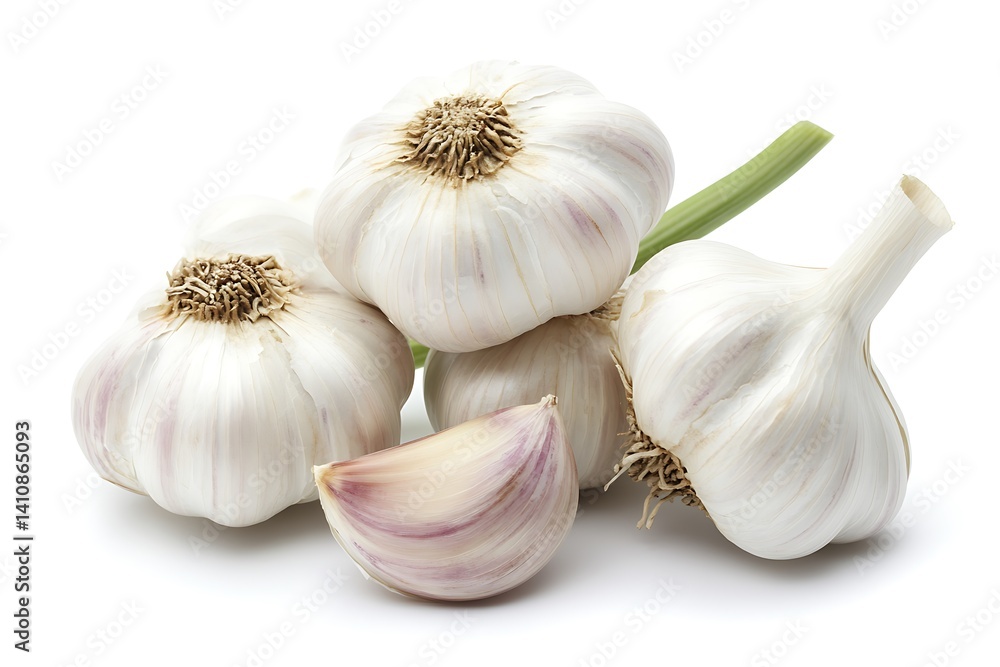 Fresh garlic bulbs with stems and cloves, isolated on a clean white background for versatile stock photo use