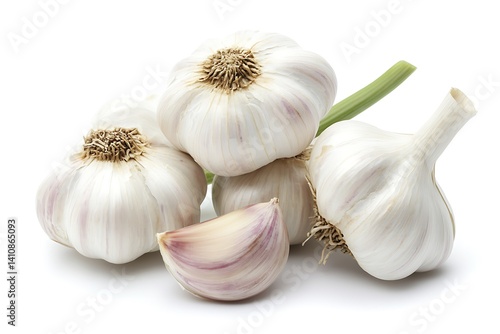 Obraz na płótnie Fresh garlic bulbs with stems and cloves, isolated on a clean white background for versatile stock photo use w salonie