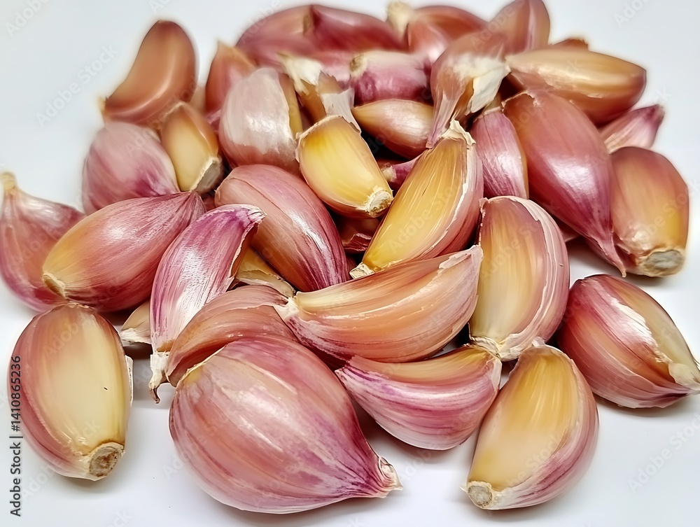 Fresh garlic cloves isolated on a white background, close-up shot with soft lighting to emphasize the texture