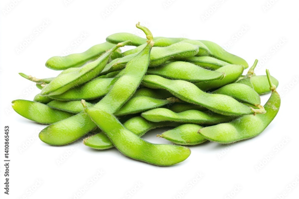 Fresh green edamame pods, isolated on a clean white background, representing health and freshness Fresh green edamame pods, isolated on a clean white background, representing health and freshness