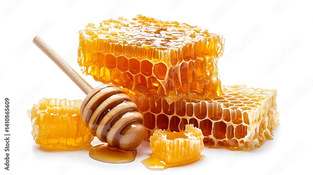 Fresh organic honeycomb and honey products, arranged artfully on a white background, capturing the natural texture and vibrant color of the food.