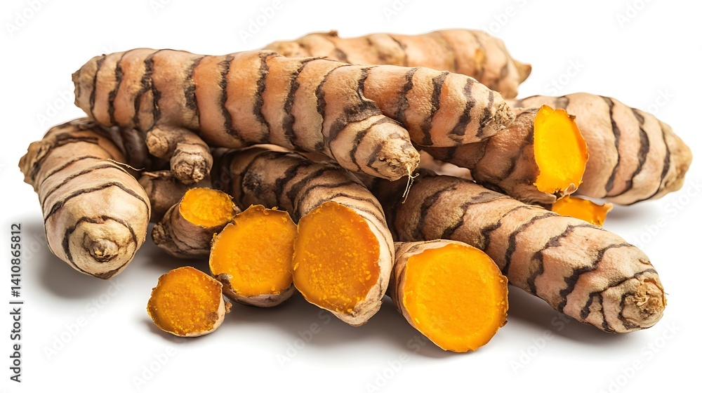 Fresh turmeric root, isolated on a white background, capturing the vibrant color and texture of the root for culinary photography