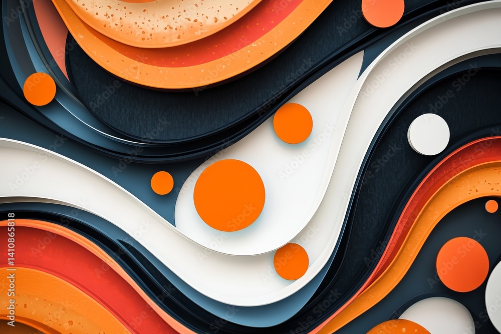 Obraz premium Abstract layered waves in orange white and dark blue with scattered circles artfully arranged