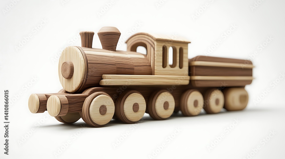 Generative AI-created wooden toy train, isolated on a white background
