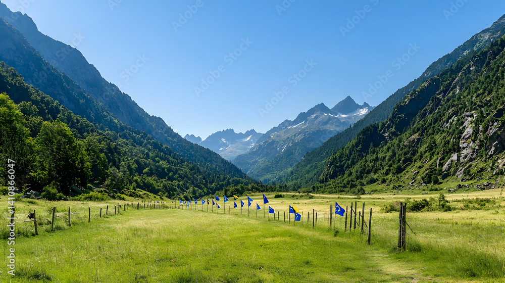 Fototapeta premium Mountain Valley Landscape With Blue Markers
