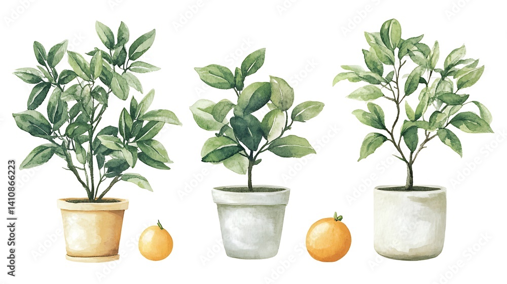 Hand-painted watercolor of house plants such as laurel, ficus, and tangerine tree, isolated on a white background for home decor inspiration.