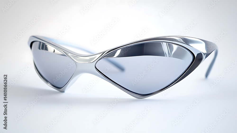 Futuristic silver sunglasses, shot against a clean white background, highlighting their modern and sleek design.