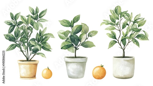 Obraz na płótnie Hand-painted watercolor of house plants such as laurel, ficus, and tangerine tree, isolated on a white background for home decor inspiration. w salonie
